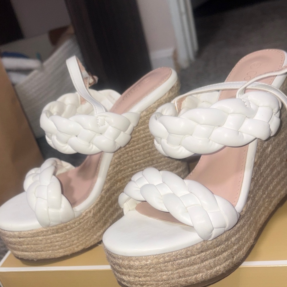 White Braided Wedge Sandals - Picture 4 of 4